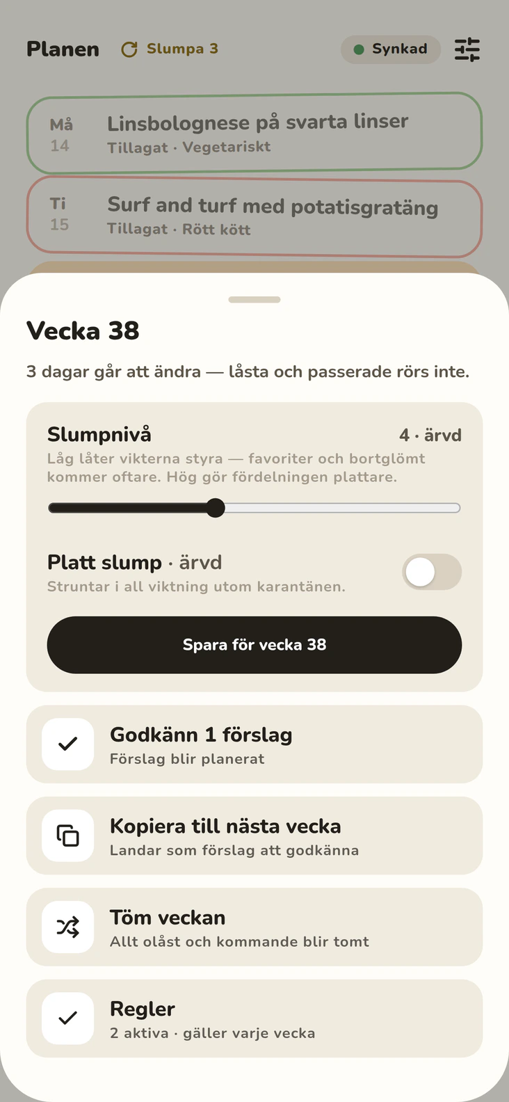 Veckans meny: slumpnivå och åtgärder för veckan